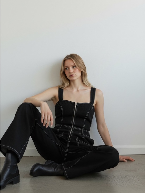 Pants - h:ours Black Zip-Front Jumpsuit with White Contrast Stitching